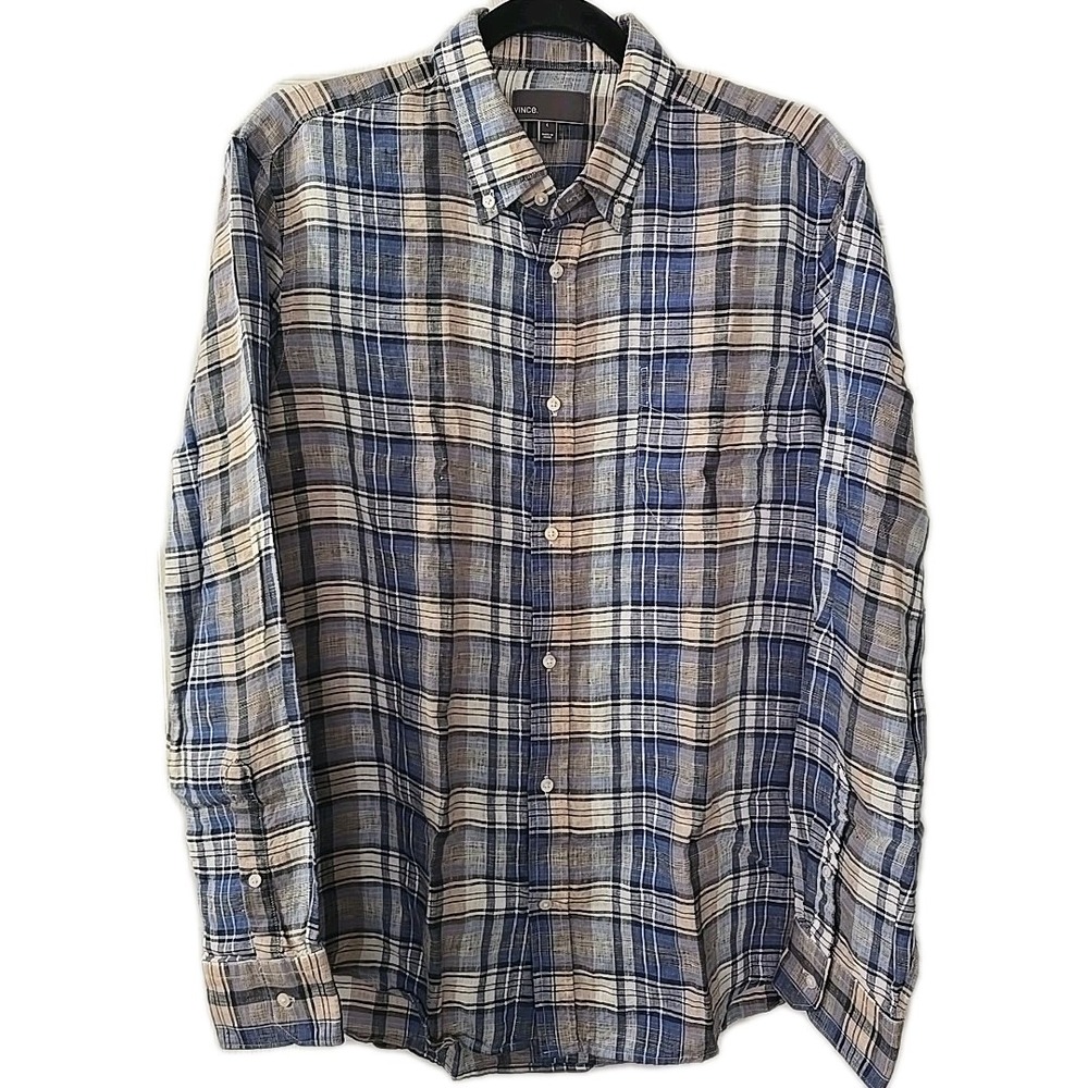 Vince Mens Size Large‎ Blue Gray Plaid Linen Lightweight Button Down Shirt
